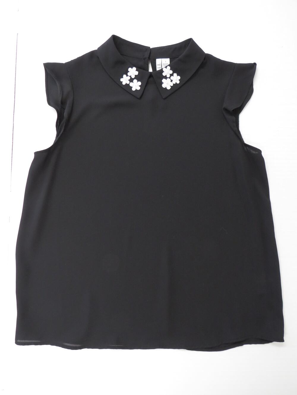 ELLE Women's Small Black Chiffon Blouse White Embroidered Flowers Whimsigoth